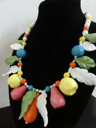 Vtg Awesome Retro Celluloid / Lucite Fruit Salad Chunky Bib Necklace 925 S Clasp