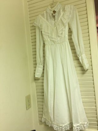 Vtg 1970 Gunne Sax White Long Cotton Dress Bohemian Size S