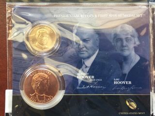2014 Presidential $1 Coin And First Spouse Medal Set Herbert & Lou Hoover Rare