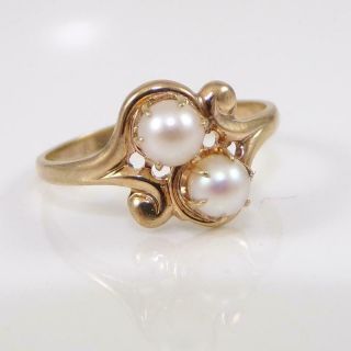 Vintage Antique 14k Yellow Gold Modernist Abstract White Pearl Ring Sz 4.  5 Lfc2