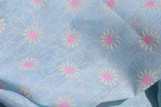 Vintage Flocked Floral Fabric Baby Blue Pink Daisy Sheer