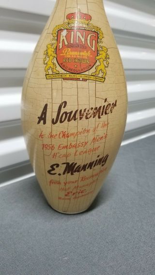 VTG 1956 Wood Bowling Pin Trophy King Brunswick Red Crown H ' cap League 2