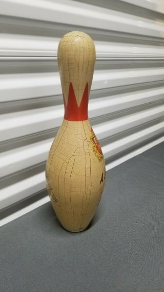 VTG 1956 Wood Bowling Pin Trophy King Brunswick Red Crown H ' cap League 8