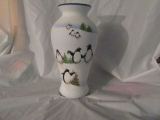 Fenton Vase With Penguins 10  Tall Rare Exc.