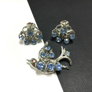 Vtg Rare Blue Rhinestone Swallow Bird Brooch & Clip Earring Set Silver Gg320o