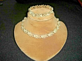 Vintage Crown Trifari Gold Tone Branch Faux Pearls Necklace Bracelet Set Signed