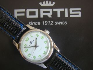 Vintage Fortis Antique Roman White Old Stock Stainless Steel 17 Jewel Watch
