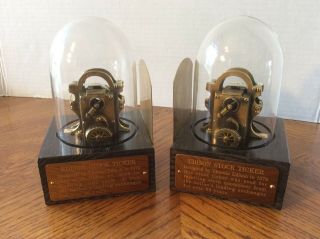 Rare Vintage Thomas Edison Stock Ticker Under Glass Dome Brass Plate Bookends