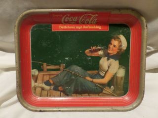 " Vintage " 1940 Coca - Cola " Sailor Girl Fishing On A Dock " Serving Tray