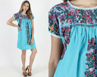 Vintage Oaxacan Dress Bright Floral Mexican Hand Embroidered Lace Boho Teal Mini