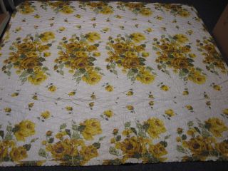 Vintage Pretty Cotton Quilted Blanket With Yellow Roses 80 " X 84 " Not