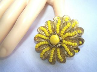 Vintage Rare Miriam Haskell Gold Tone Yellow Glass Bead Pin Brooch Rfm2i