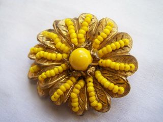 Vintage RARE Miriam Haskell gold Tone Yellow Glass Bead Pin Brooch RFM2i 2