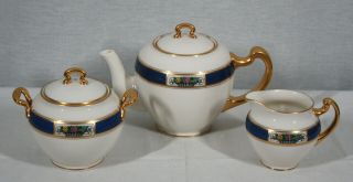 Rare Antique Lenox China Meadowbrook Tea Pot Cream & Sugar Set Green Mark