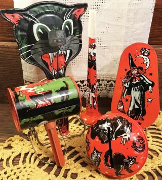5 Vintage Halloween Tin Lithographed Noisemaker Decoration,  Us Metal Toy,  1950s
