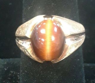 Vintage 10k Brushed Gold Mens Brown Tiger Eye Stone Ring - Sz 9 1/4 - 5.  7g