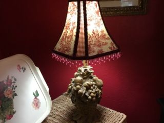 Vintage French Country Farmhouse Red Toile Gingham Beaded Fruit Basket Lamp 23”