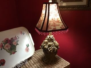 Vintage French Country Farmhouse Red Toile Gingham Beaded Fruit Basket Lamp 23” 2