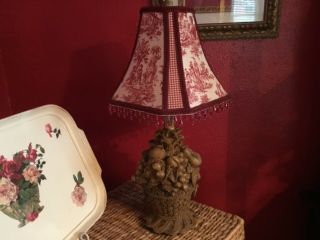 Vintage French Country Farmhouse Red Toile Gingham Beaded Fruit Basket Lamp 23” 3