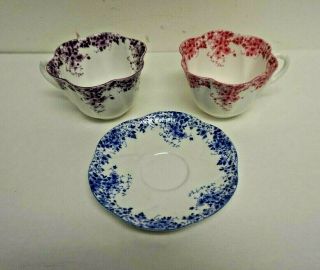 Vintage Set Of 3 Shelley England Dainty Blue Mauve Pink Tea Cups & Saucer