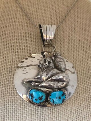 Large Rb Running Bear Navajo Turquoise Sterling Howling Wolf Pendant Signed