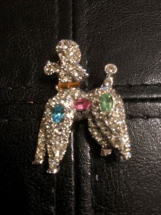 Pell Baby Blue Pink Green Rhinestone Poodle Dog Pin Brooch Signed Vintage