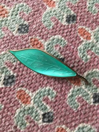 David Andersen Emerald Green Enamel Leaf Brooch Sterling Silver Norway Vintage