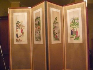 Vintage Embroidered Silk Oriental Folding Decorator Screen 35 " High