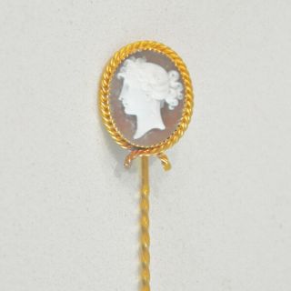 Antique 18 K Gold High Relief Natural Carnelian Shell Cameo Stick Pin Rope Frame