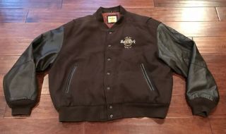 Vintage Hard Rock Cafe Atlanta Brown Leather Letterman Guitar Jacket Coat Sz Xl