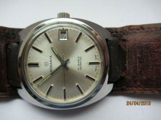 Vintage Rodania 17 Jewels Incabloc With Date Sunburst Metallic Silver Dial G/c