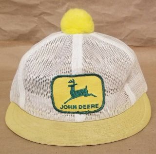 Vtg John Deere Snap Back Mesh Yellow Patch Louisville Short Bill Pom Trucker Hat