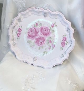 Shabby Cottage Chic Vintage Silver Tray Hand Painted Hp Roses Pink Jeweled