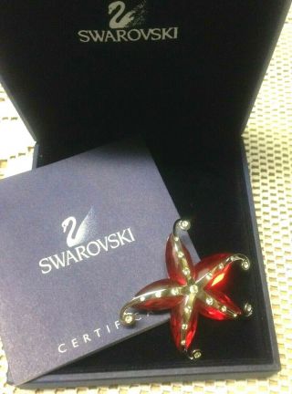 Signed Swarovski Rhodium Red Crystal Rhinestone Cremona Starfish Brooch W/ Box