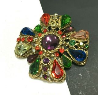 Stunning Vintage Thelma Deutsch Multi - Color Rhinestone Cab Brooch Gold Qq140o