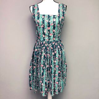 Vtg 40s 50s Handmade Rose Print Day Dress Us Size 6 Small Pleated Skirt Stripes