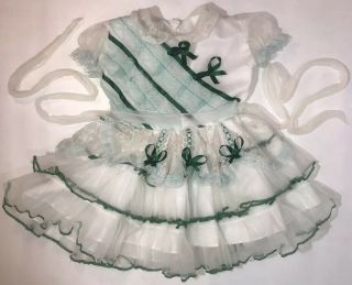 Vintage Baby Girl Toddler Ruffled Frilly Dress White Green Ribbon Lace Floral