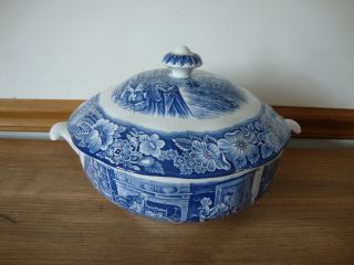 Vintage Liberty Blue Staffordshire Soup Tureen With Lid Boston Tea Party Scene