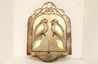 Vintage Punched Tin Brass Mirror Mexican Folk Art Hinged Doors Decor Mexico Bird