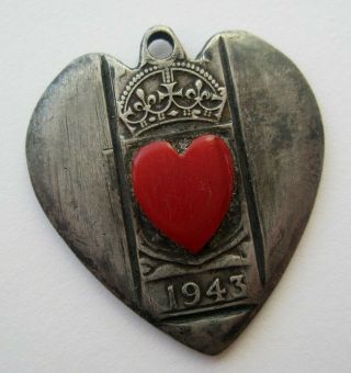 Vintage Silver Enamel 1943 Folk Art Coin Heart Charm Token Australian Florin