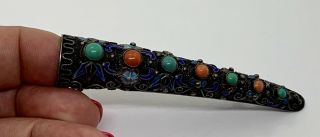 Vintage Chinese Silver Enamel Coral Turquoise Finger Tip Brooch 2