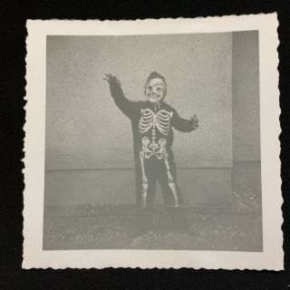 Halloween Child In Skeleton Costume Black & White Found Photo 1950s Vtg