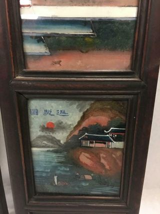 Vintage Chinese Reverse Paintings on Glass Panels Wood Frames Daily Life 4