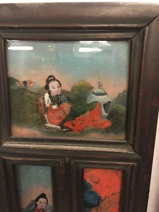 Vintage Chinese Reverse Paintings on Glass Panels Wood Frames Daily Life 5