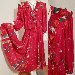 Vtg Mosaic Diane Freis Inspired Georgette Dress Red Geometric Ruffled Pleated Os