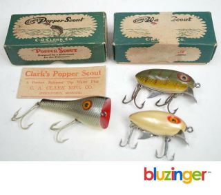 (3) C.  A.  Clarks Wooden Fishing Lures W/ Boxes Popper Scout,  Water Scout