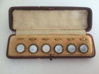 Antique Cased Set Of 6 Mother Of Pearl Enamel & Gilt Metal Buttons