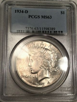 1934 - D Peace Dollar Pcgs Ms63 Coin Rare Date