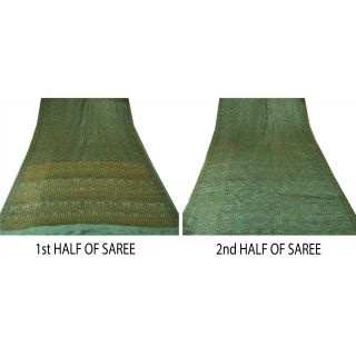 Sanskriti Vintage Green Heavy Saree Pure Satin Silk Woven Craft 5 Yd Fabric Sari 6
