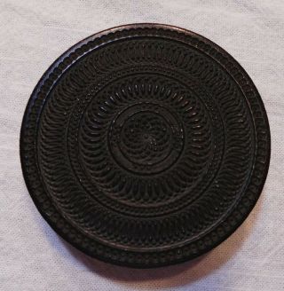 Antique Round Dark Wood Carved Snuff Box Vintage French Intricate 1700 - 1800s